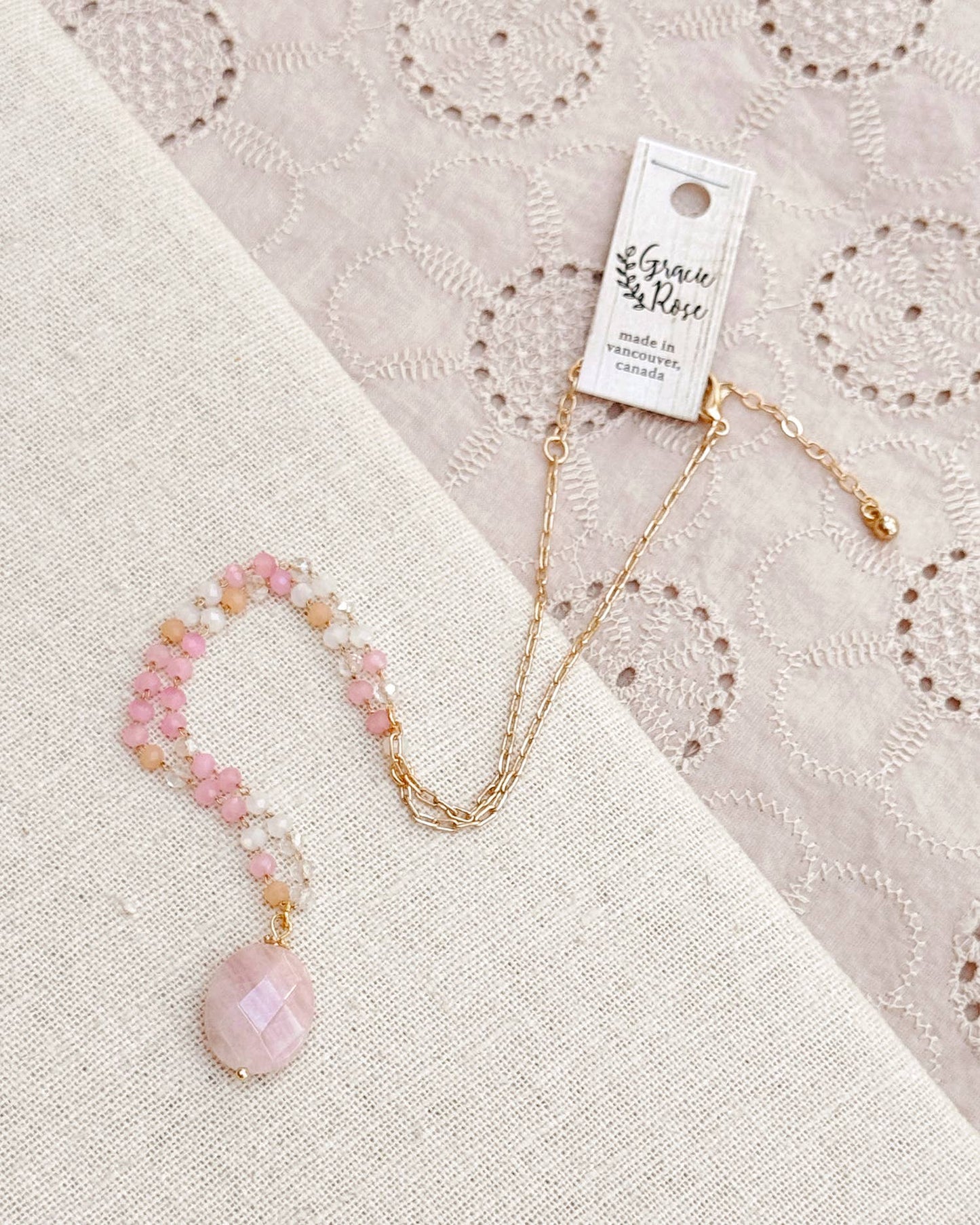 Gracie Rose Designs - Rose Quartz Pendant Necklace with Blush Beaded Chain