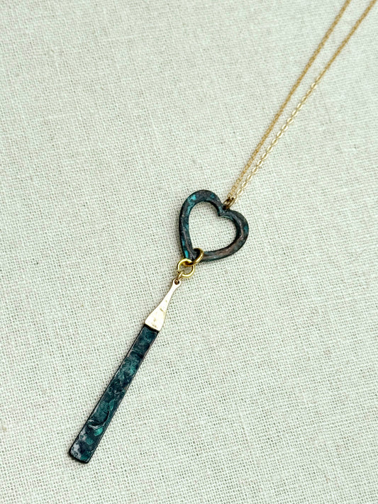Gracie Rose Designs - Matte Gold Patina Heart & Bar Pendant Necklace