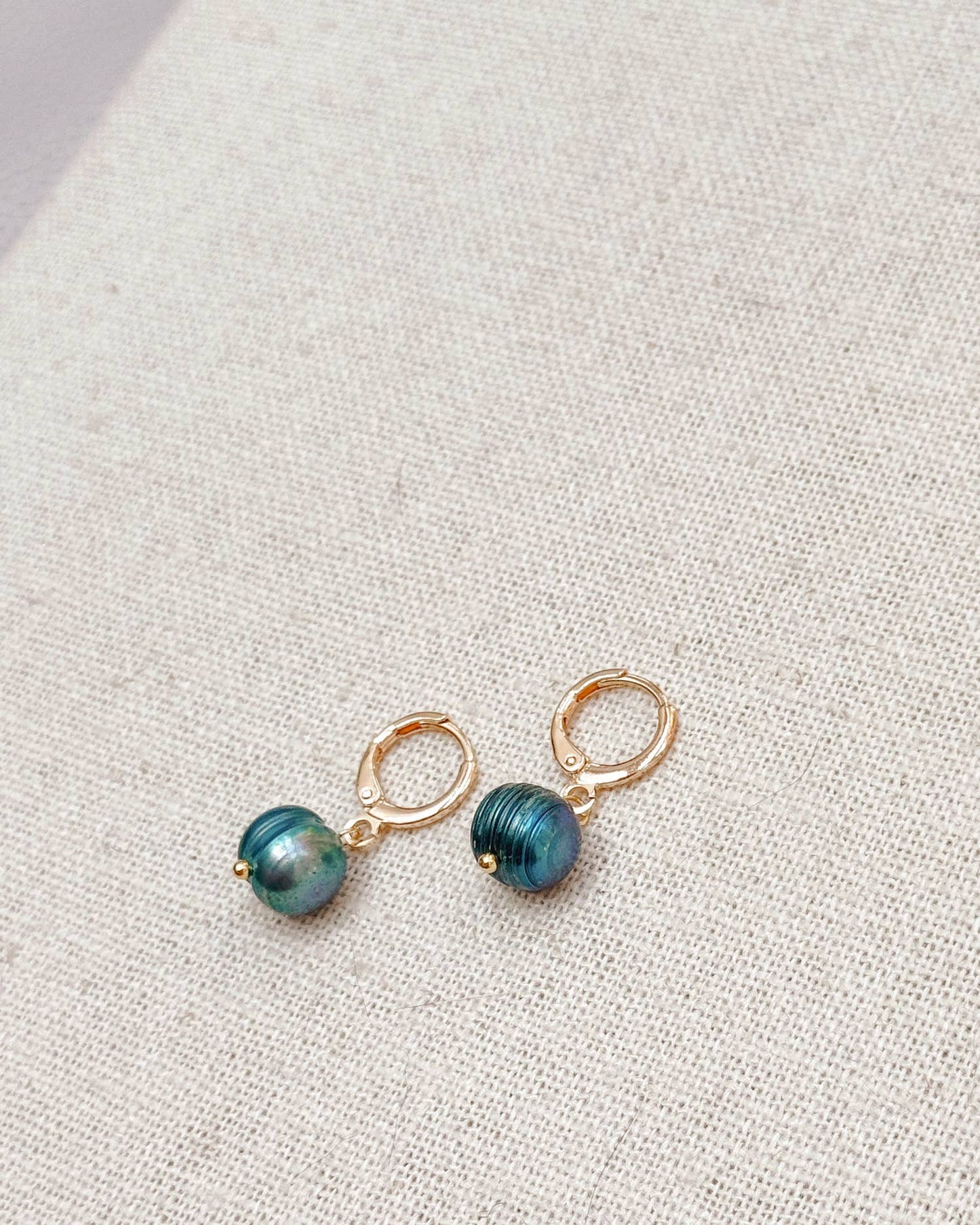 Gracie Rose Designs - Peacock Blue Freshwater Pearl Drop Gold Huggie Earrings