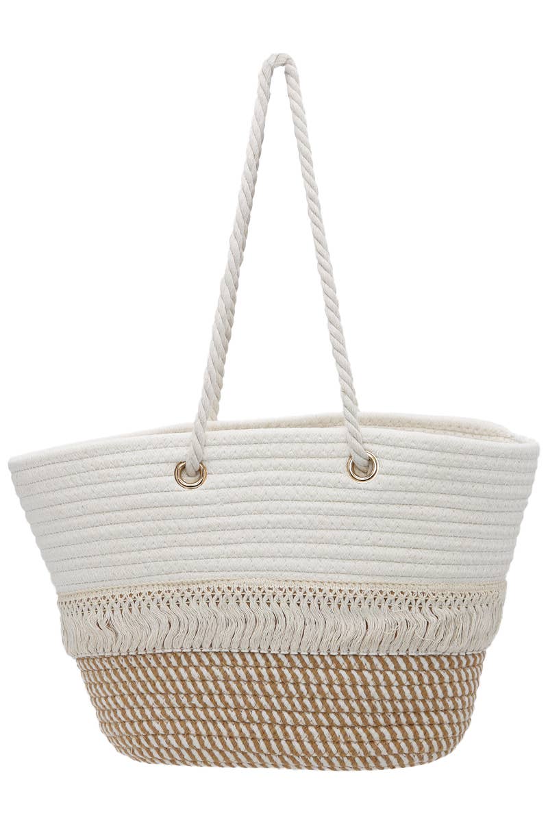 Cap Zone - Two Tone Fray Trim Thick Braided Boat Beach Tote: Tan/Ivory