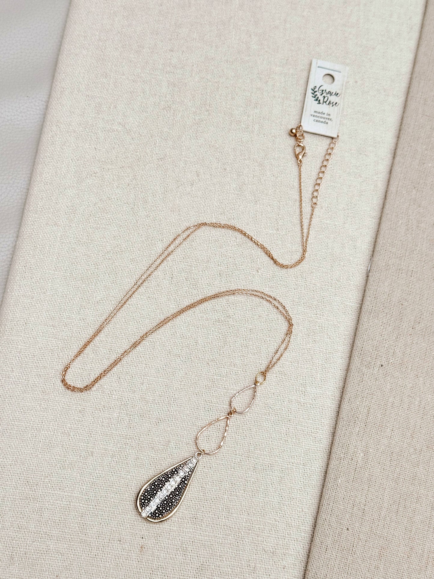 Gracie Rose Designs - Gold & Silver Rhinestone Textured Pendant Long Necklace