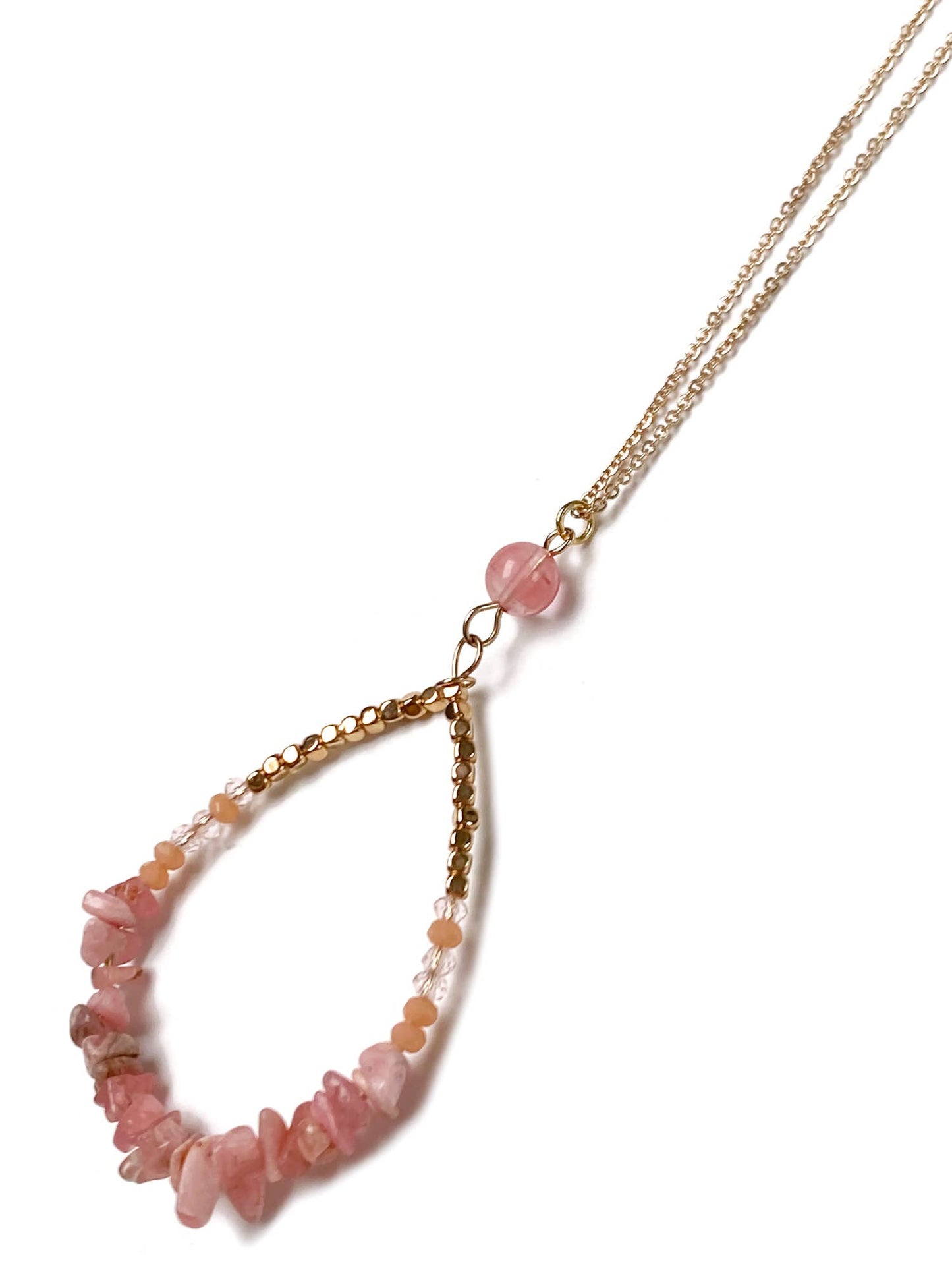 Gracie Rose Designs - Gold Semi-Precious Chip Beaded Teardrop Pendant Necklace: Strawberry Quartz