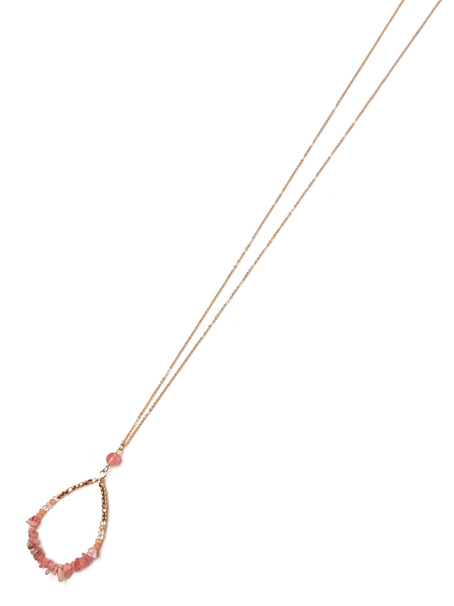 Gracie Rose Designs - Gold Semi-Precious Chip Beaded Teardrop Pendant Necklace: Strawberry Quartz