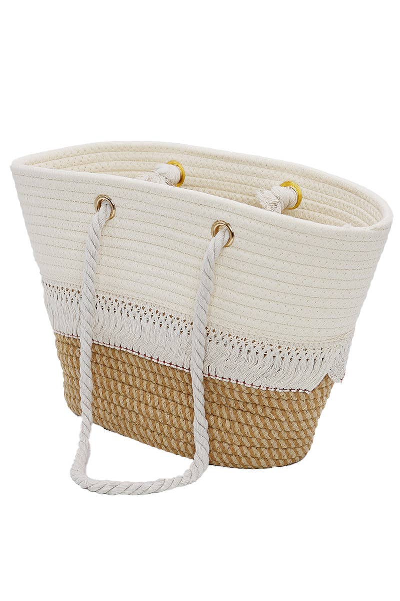 Cap Zone - Two Tone Fray Trim Thick Braided Boat Beach Tote: Tan/Ivory
