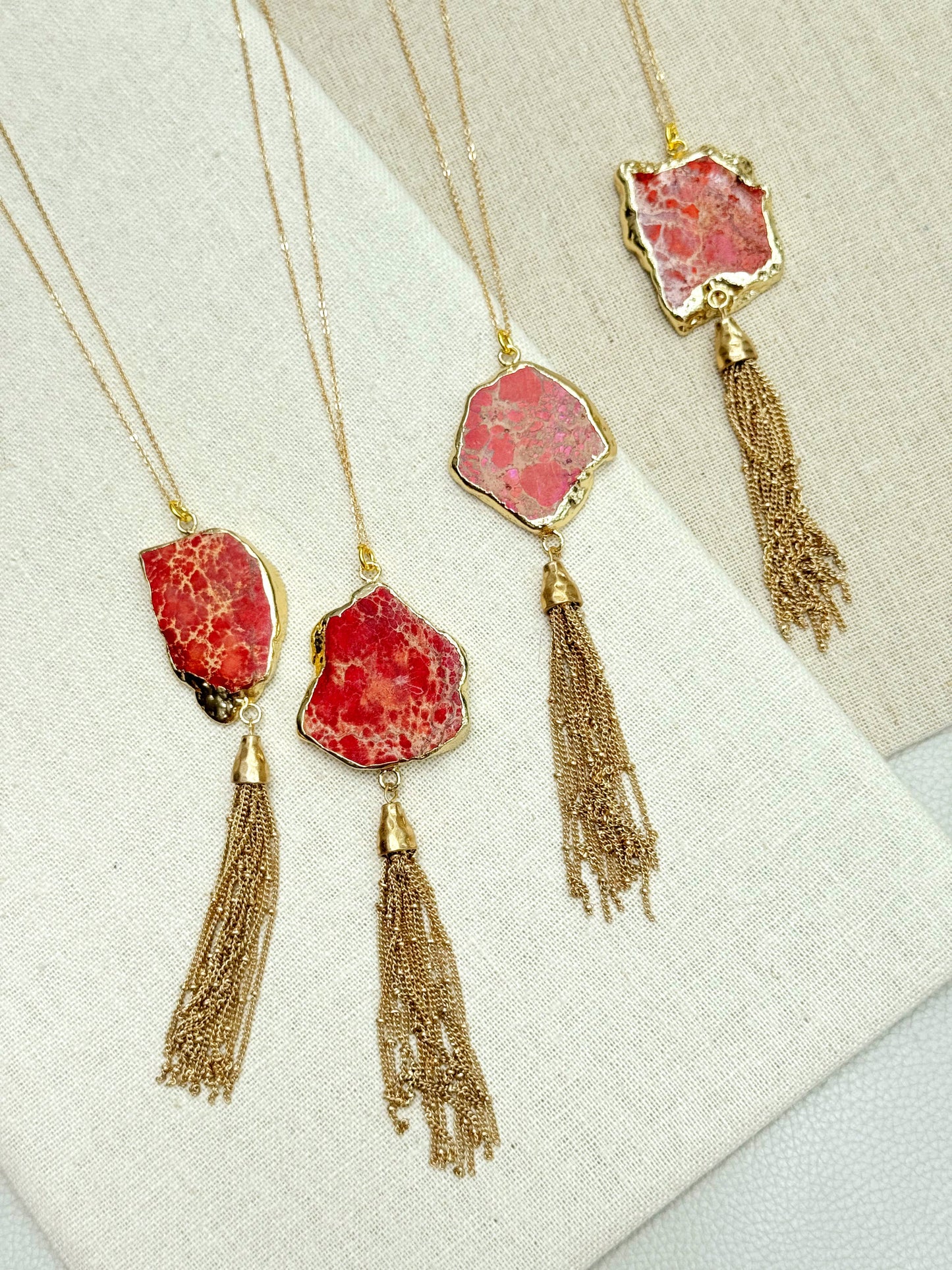 Gracie Rose Designs - One of a Kind Gold Red Sea Jasper Pendant Tassel Necklace