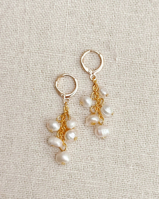 Gracie Rose Designs - Freshwater Pearl Tassel Drop Gold Huggie Earrings