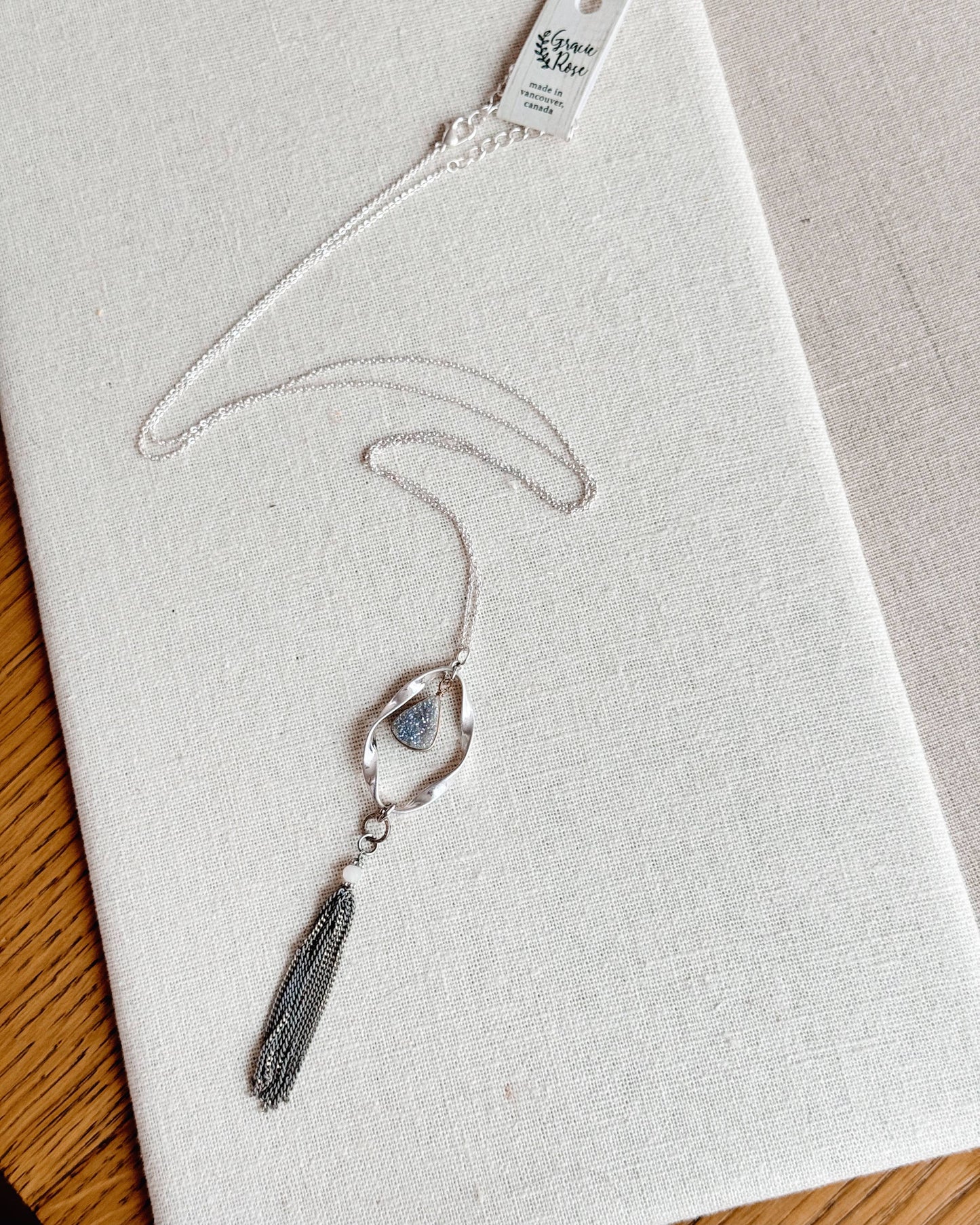Gracie Rose Designs - Romantic Matte Silver Druzy Quartz Tassel Pendant Necklace
