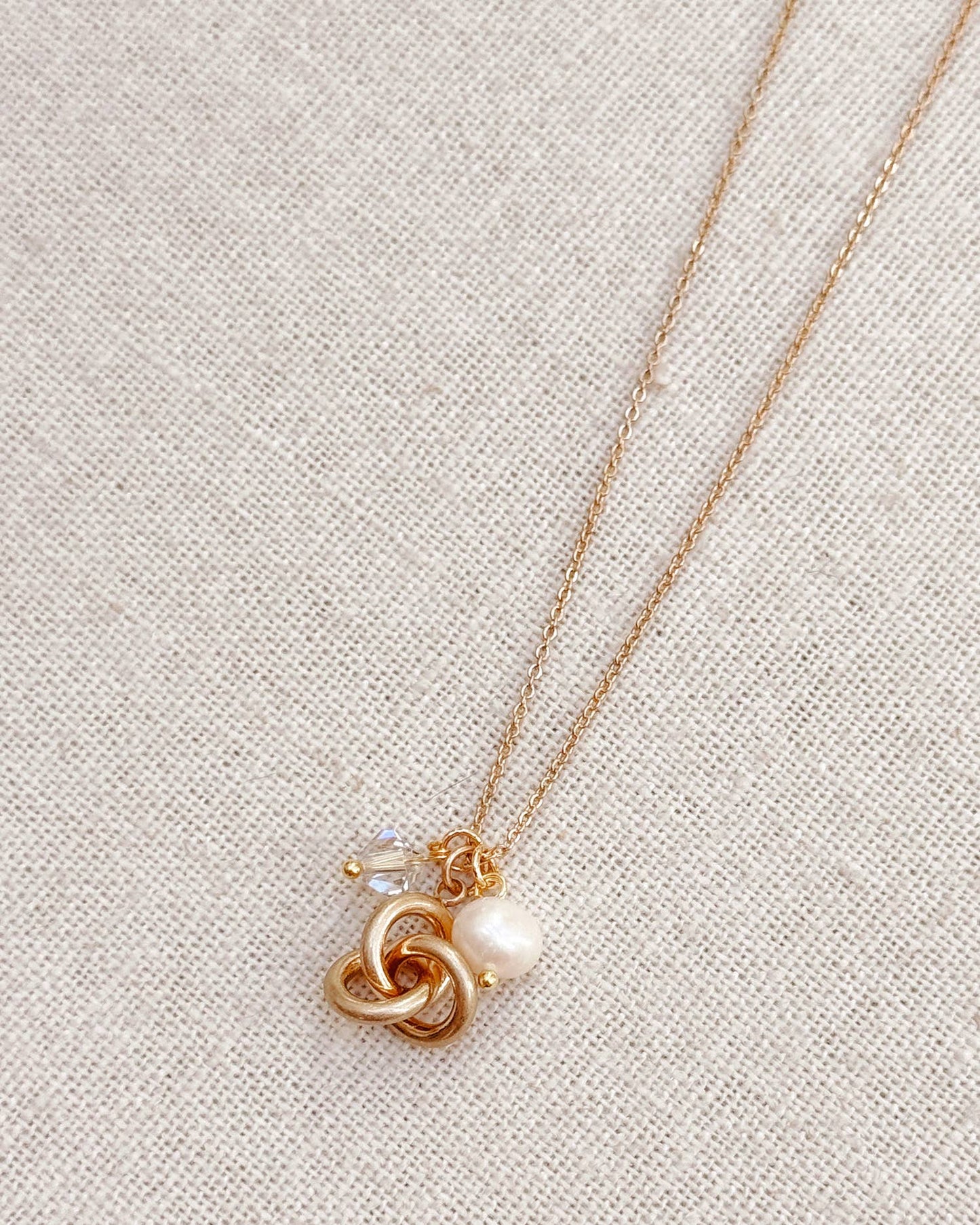 Gracie Rose Designs - Freshwater Pearl Knot Gold Necklace with Crystal Accent