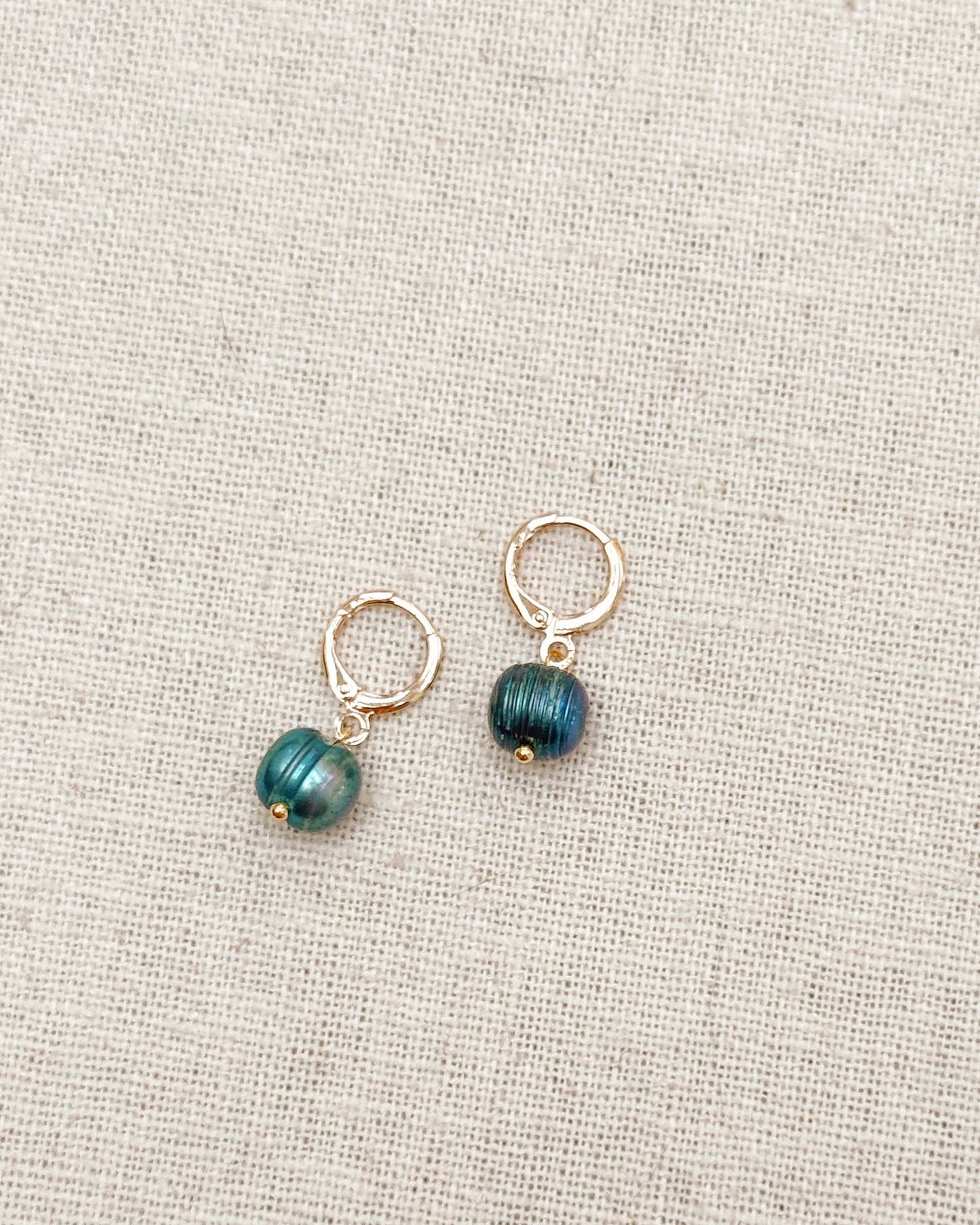 Gracie Rose Designs - Peacock Blue Freshwater Pearl Drop Gold Huggie Earrings