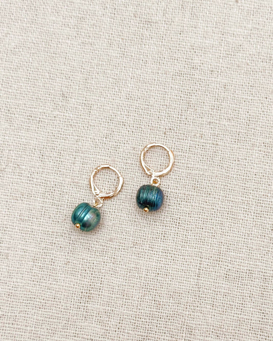 Gracie Rose Designs - Peacock Blue Freshwater Pearl Drop Gold Huggie Earrings