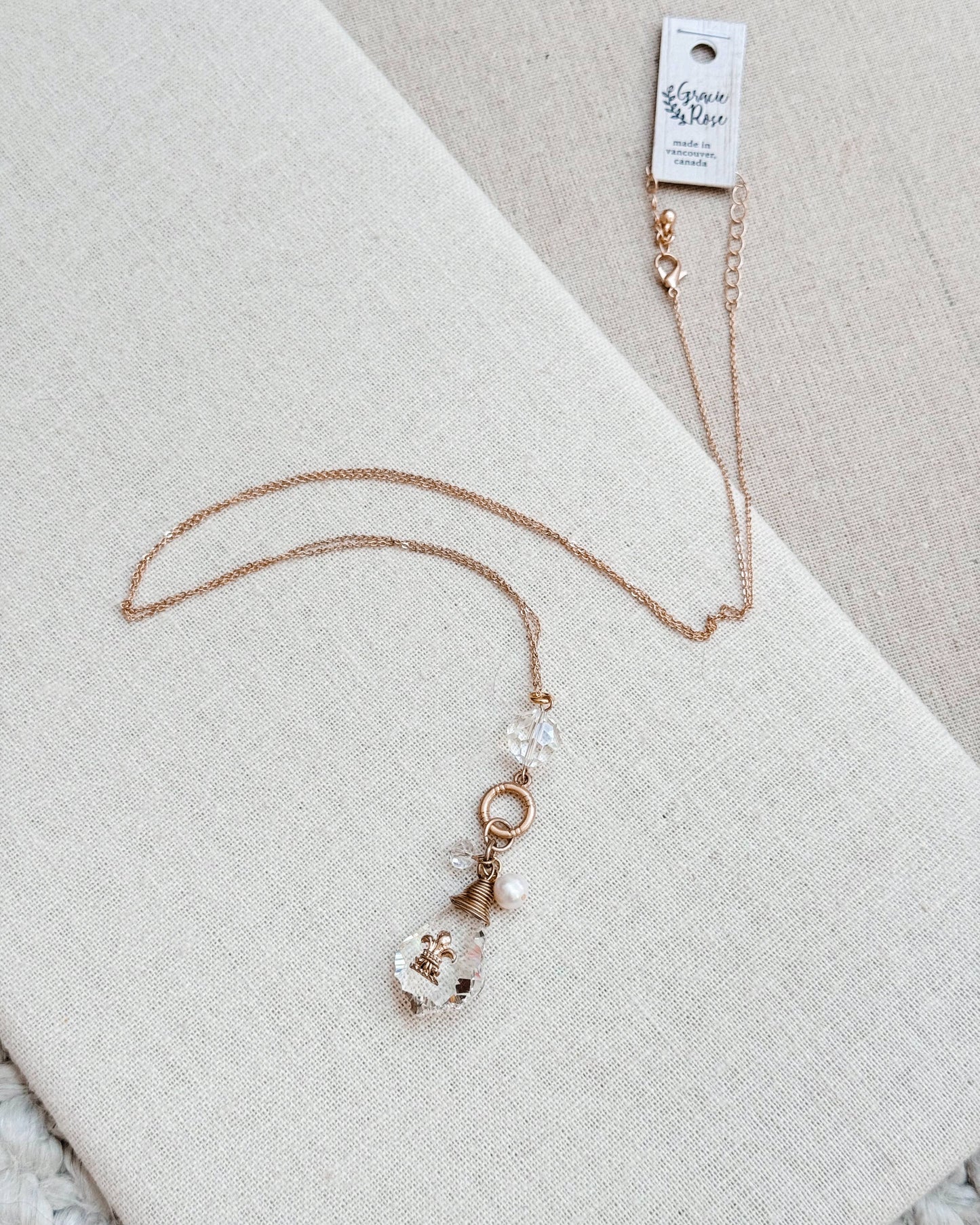 Gracie Rose Designs - Gold & Crystal Freshwater Pearl Fleur-de-Lis Long Necklace