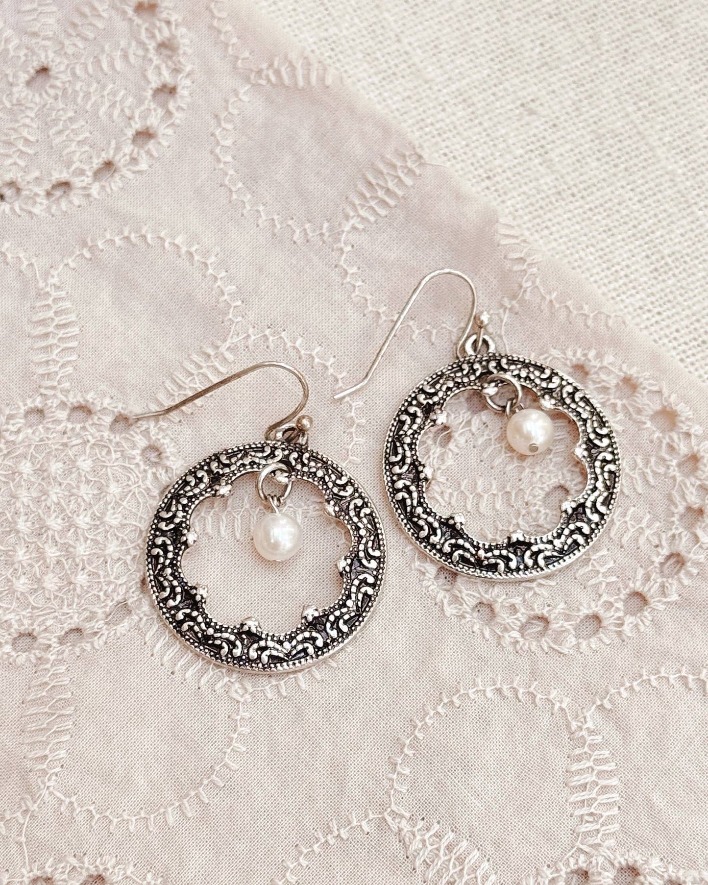 Gracie Rose Designs - Textured Silver Hoop Earrings with Pearl Charms