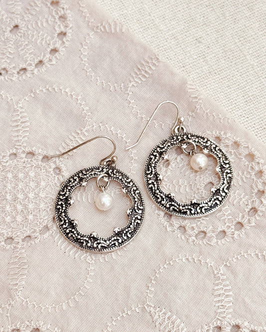 Gracie Rose Designs - Textured Silver Hoop Earrings with Pearl Charms