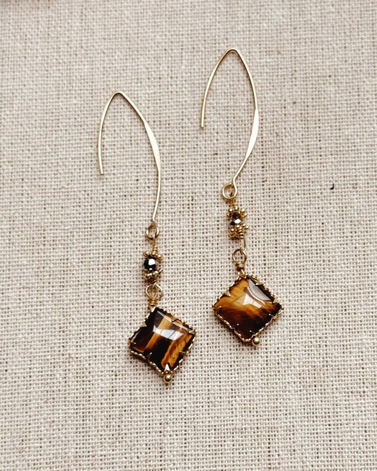 Gracie Rose Designs - Romantic Tiger's Eye Gold Framed Dangle Drop Earrings