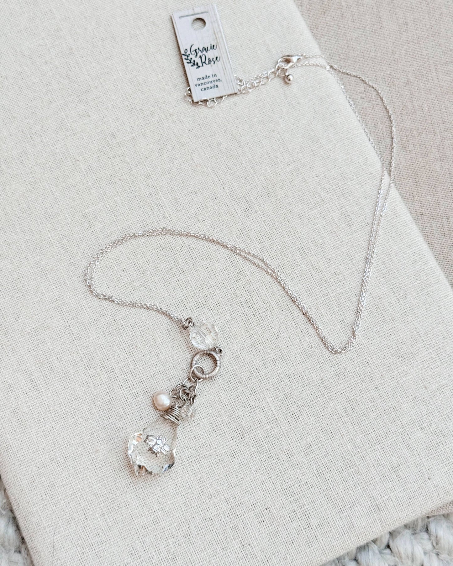 Gracie Rose Designs - Silver & Crystal Freshwater Pearl Bumblebee Long Necklace