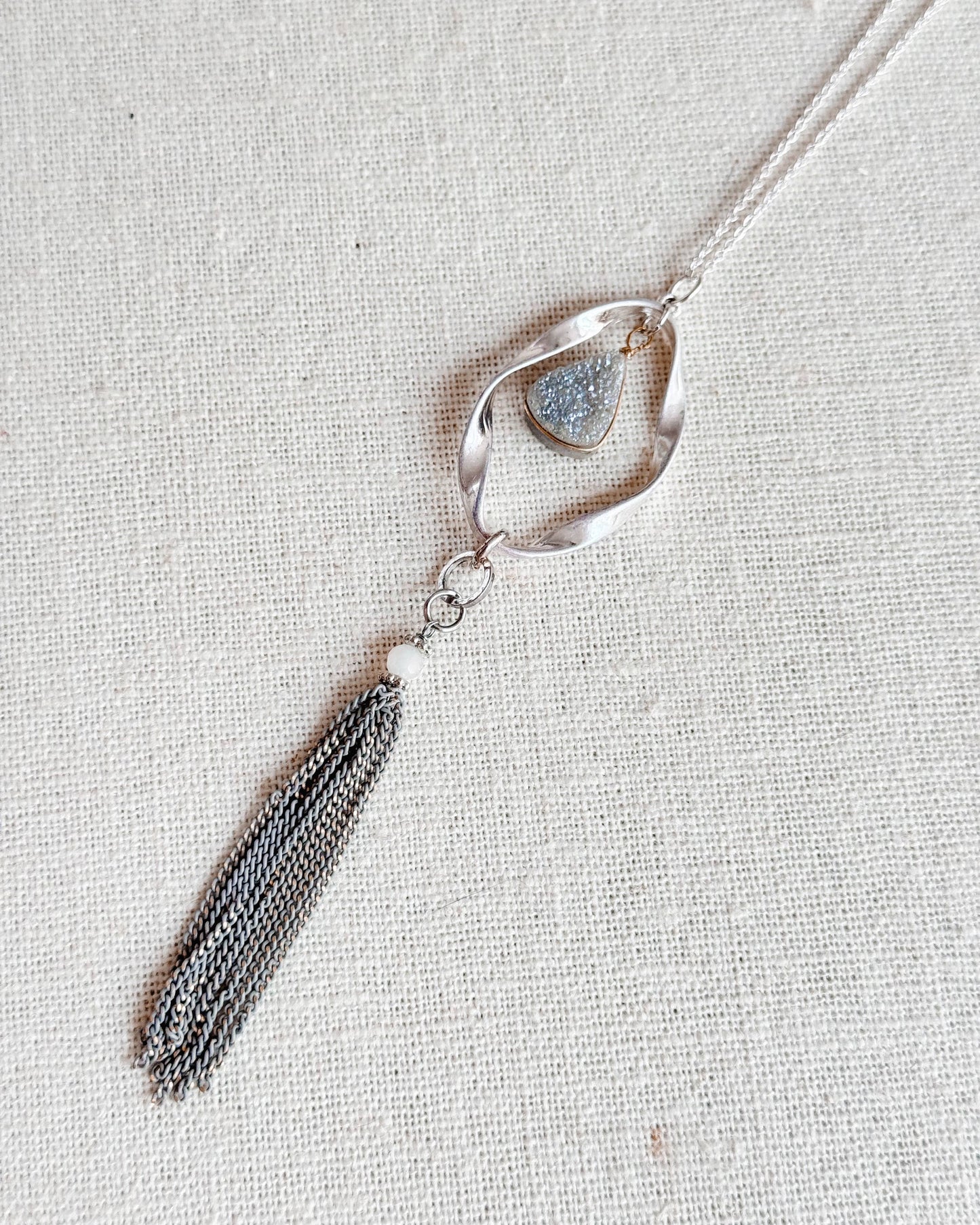 Gracie Rose Designs - Romantic Matte Silver Druzy Quartz Tassel Pendant Necklace
