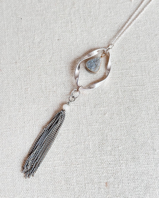 Gracie Rose Designs - Romantic Matte Silver Druzy Quartz Tassel Pendant Necklace