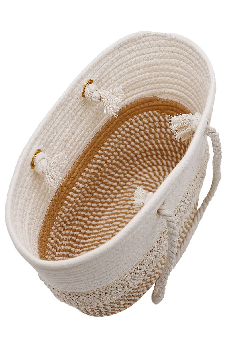 Cap Zone - Two Tone Fray Trim Thick Braided Boat Beach Tote: Tan/Ivory