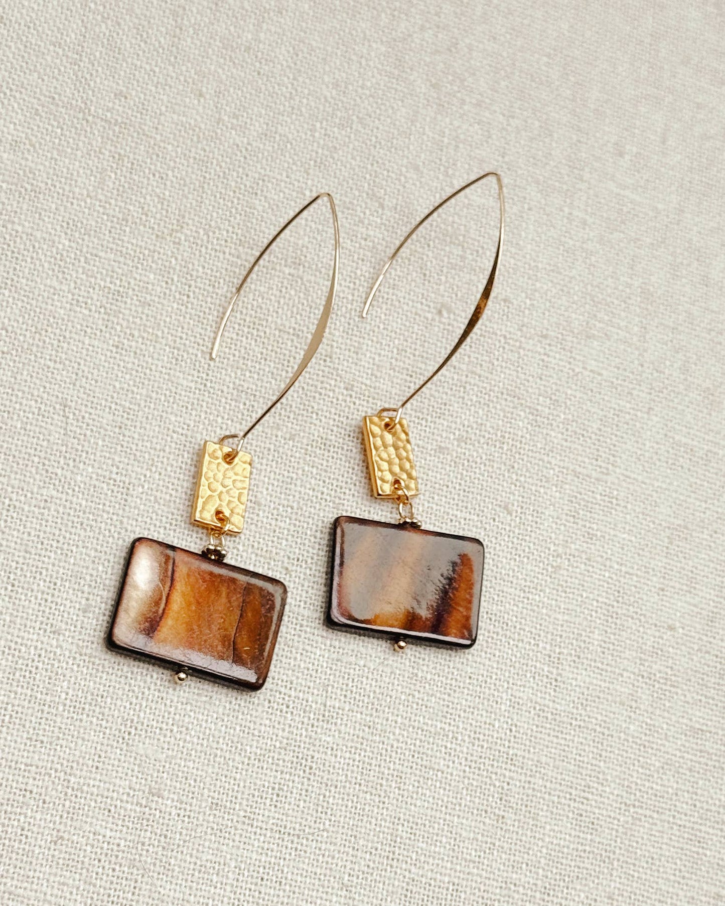 Gracie Rose Designs - Brown Mother of Pearl Shell Gold Textured Drop Earrings