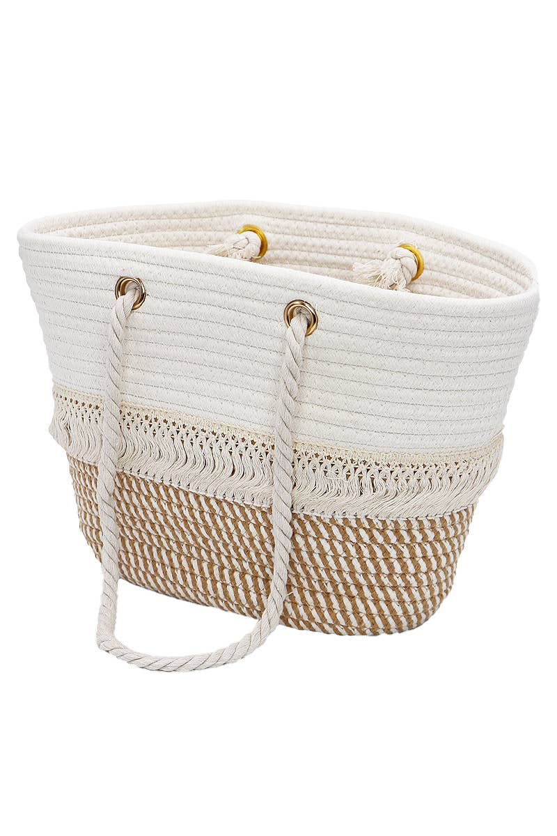 Cap Zone - Two Tone Fray Trim Thick Braided Boat Beach Tote: Tan/Ivory