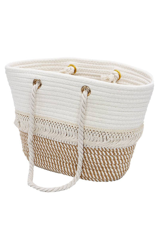 Cap Zone - Two Tone Fray Trim Thick Braided Boat Beach Tote: Tan/Ivory