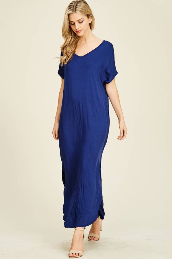 BOMBOM - SOLID MAXI DRESS WITH SIDE POCKETS ESTATE BLUE