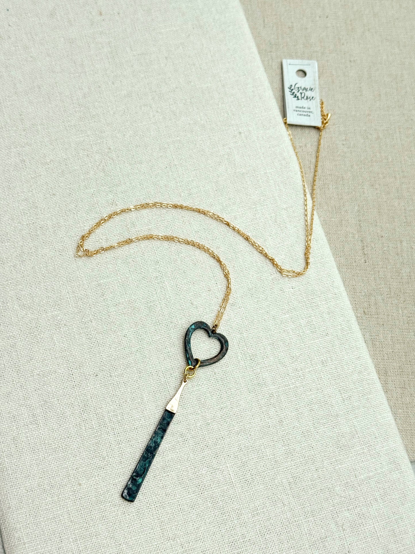 Gracie Rose Designs - Matte Gold Patina Heart & Bar Pendant Necklace