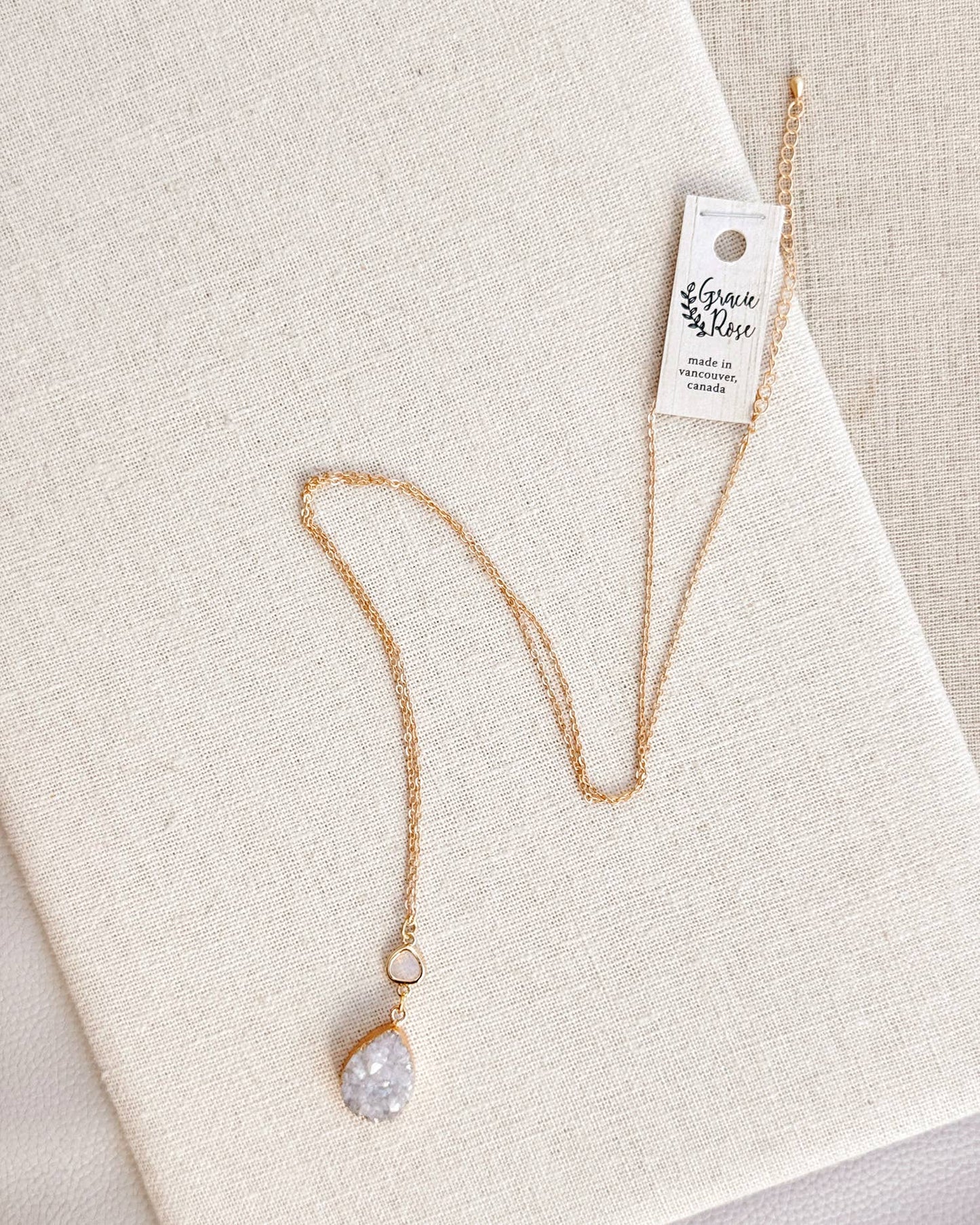 Gracie Rose Designs - Matte Gold Teardrop Druzy Quartz Pendant Long Necklace