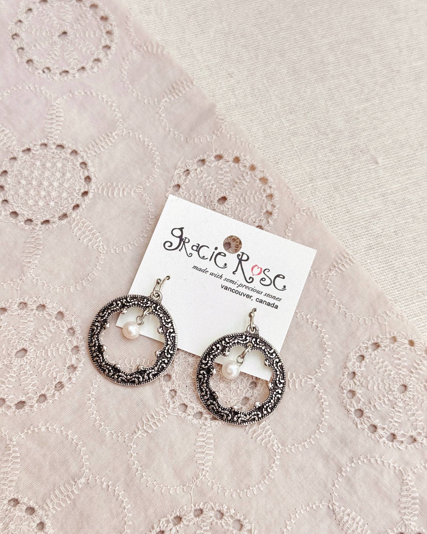 Gracie Rose Designs - Textured Silver Hoop Earrings with Pearl Charms