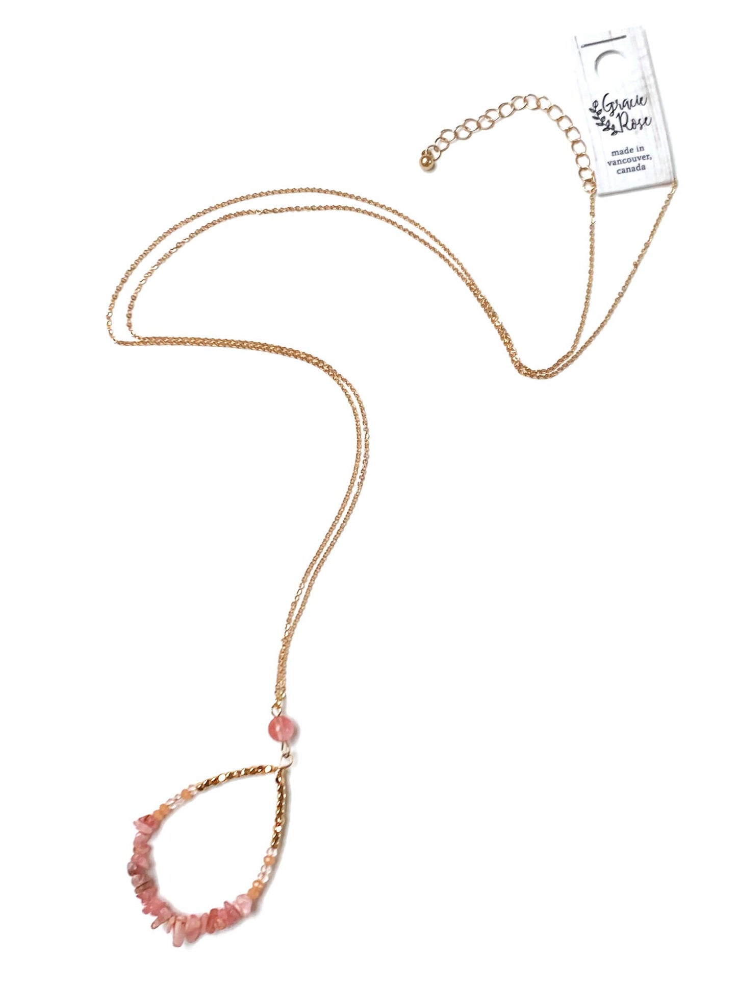 Gracie Rose Designs - Gold Semi-Precious Chip Beaded Teardrop Pendant Necklace: Strawberry Quartz