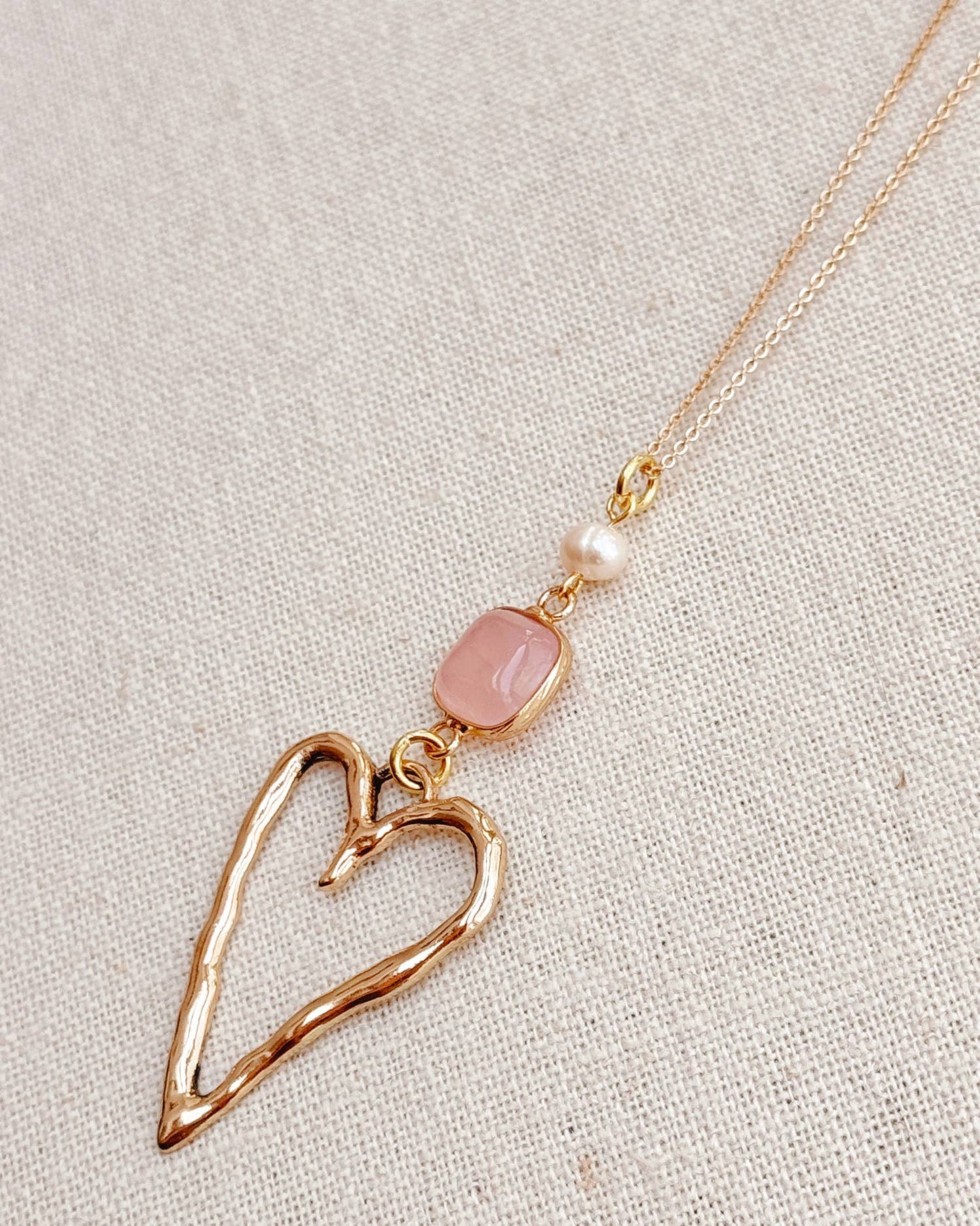 Gracie Rose Designs - Romantic Gold Rose Quartz Love Heart Pendant Long Necklace