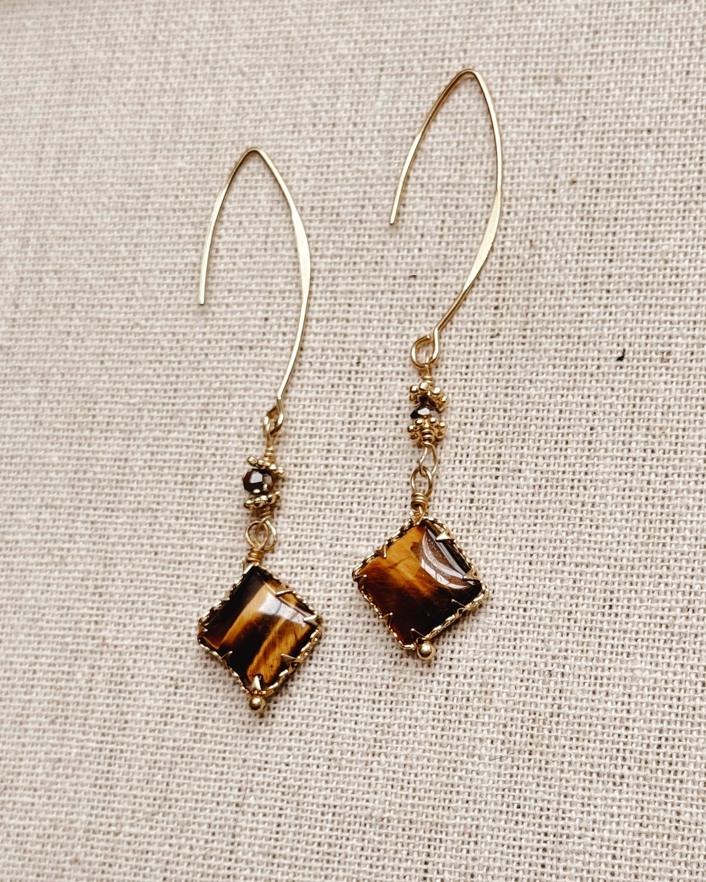 Gracie Rose Designs - Romantic Tiger's Eye Gold Framed Dangle Drop Earrings