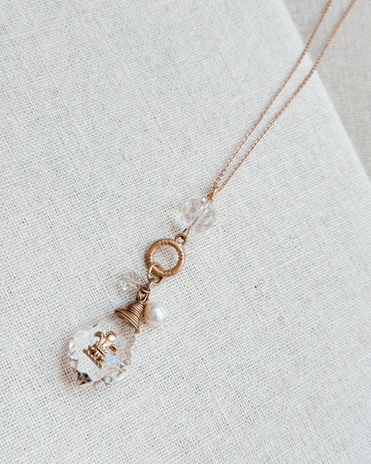 Gracie Rose Designs - Gold & Crystal Freshwater Pearl Fleur-de-Lis Long Necklace