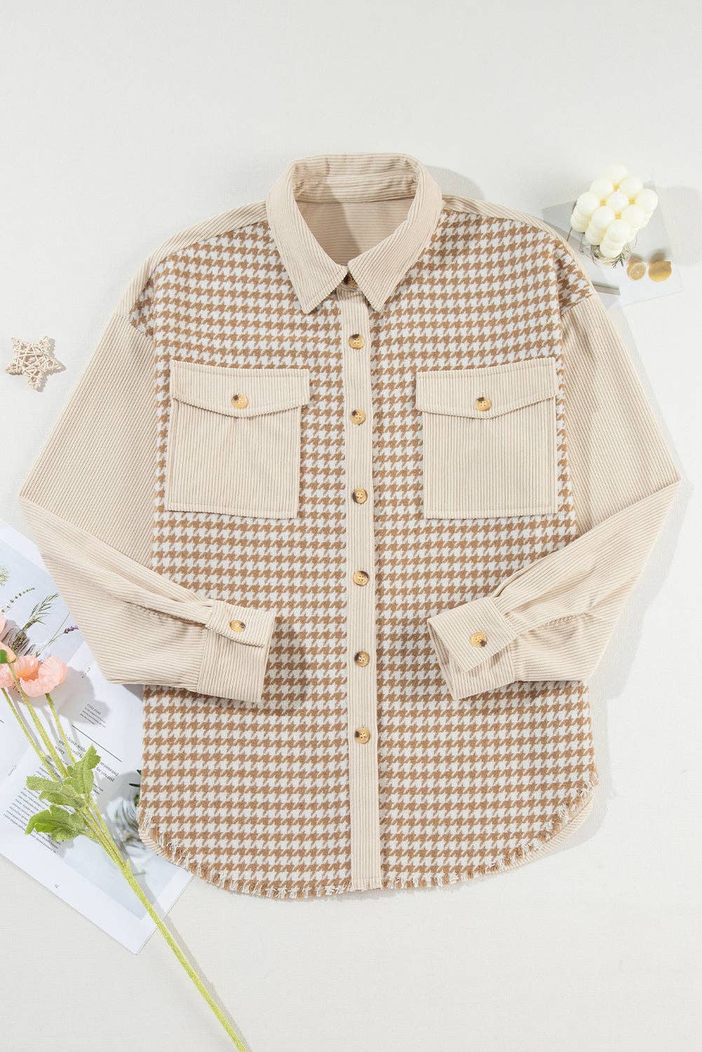 Lovesoft Beige Houndstooth Shacket