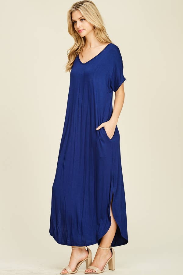 BOMBOM - SOLID MAXI DRESS WITH SIDE POCKETS ESTATE BLUE