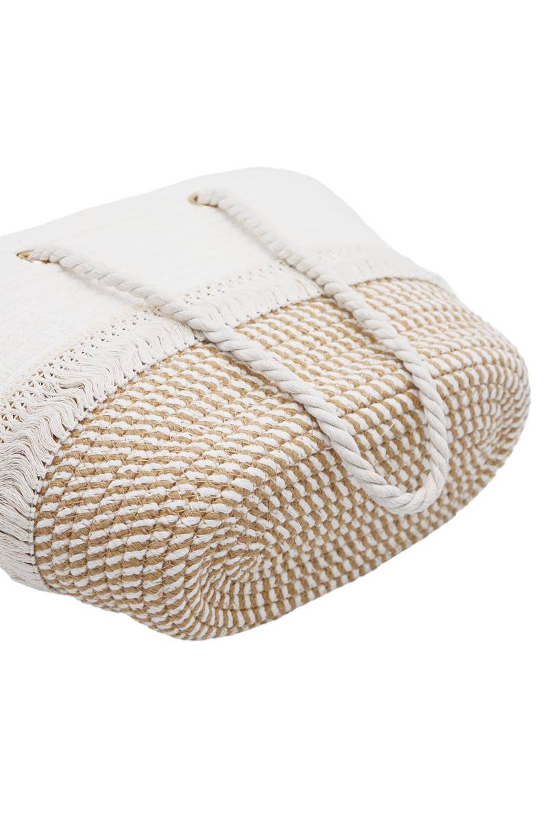 Cap Zone - Two Tone Fray Trim Thick Braided Boat Beach Tote: Tan/Ivory