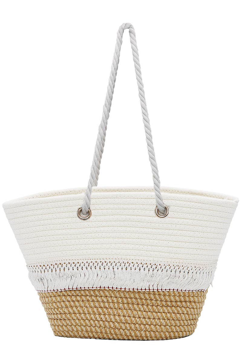 Cap Zone - Two Tone Fray Trim Thick Braided Boat Beach Tote: Tan/Ivory