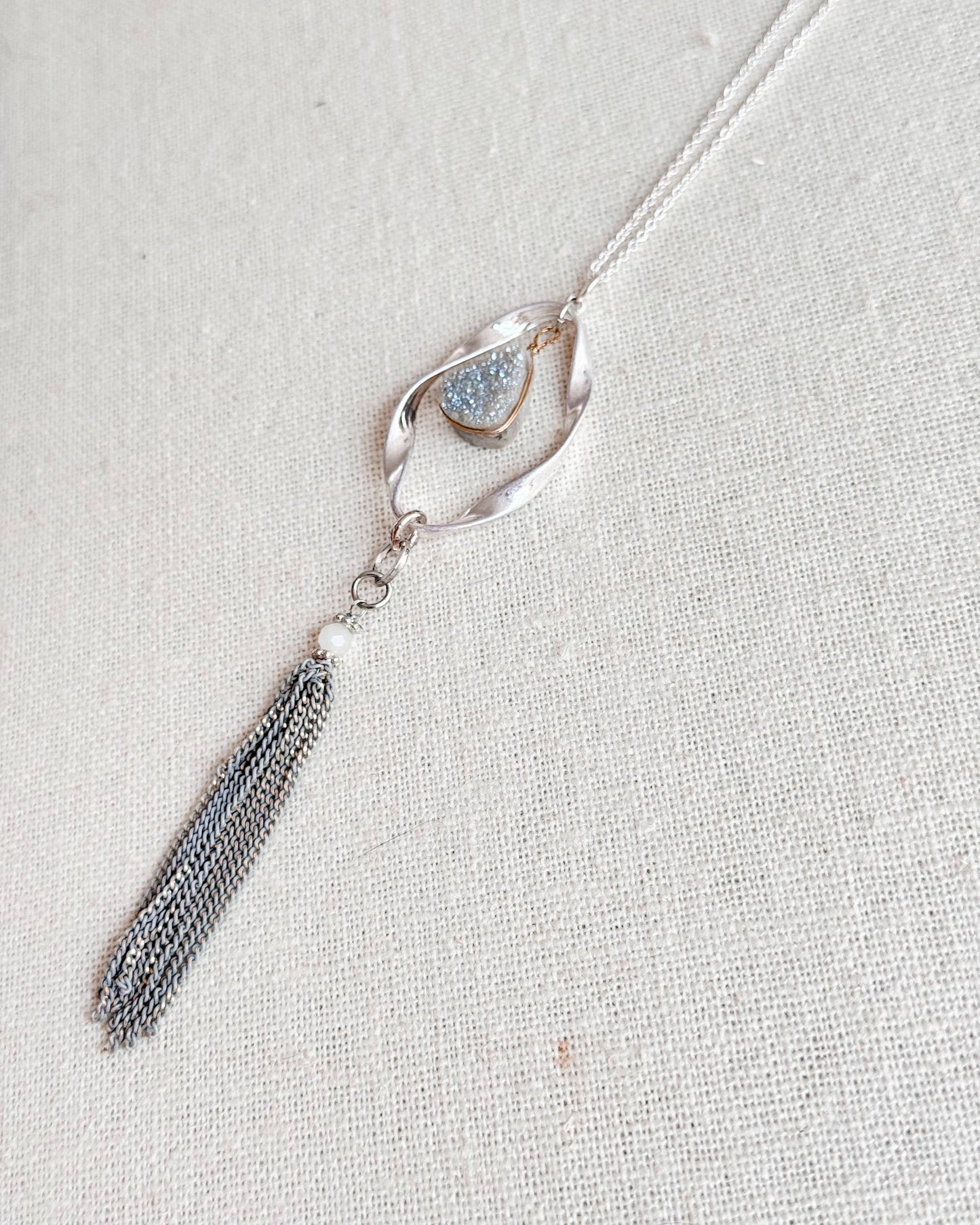 Gracie Rose Designs - Romantic Matte Silver Druzy Quartz Tassel Pendant Necklace