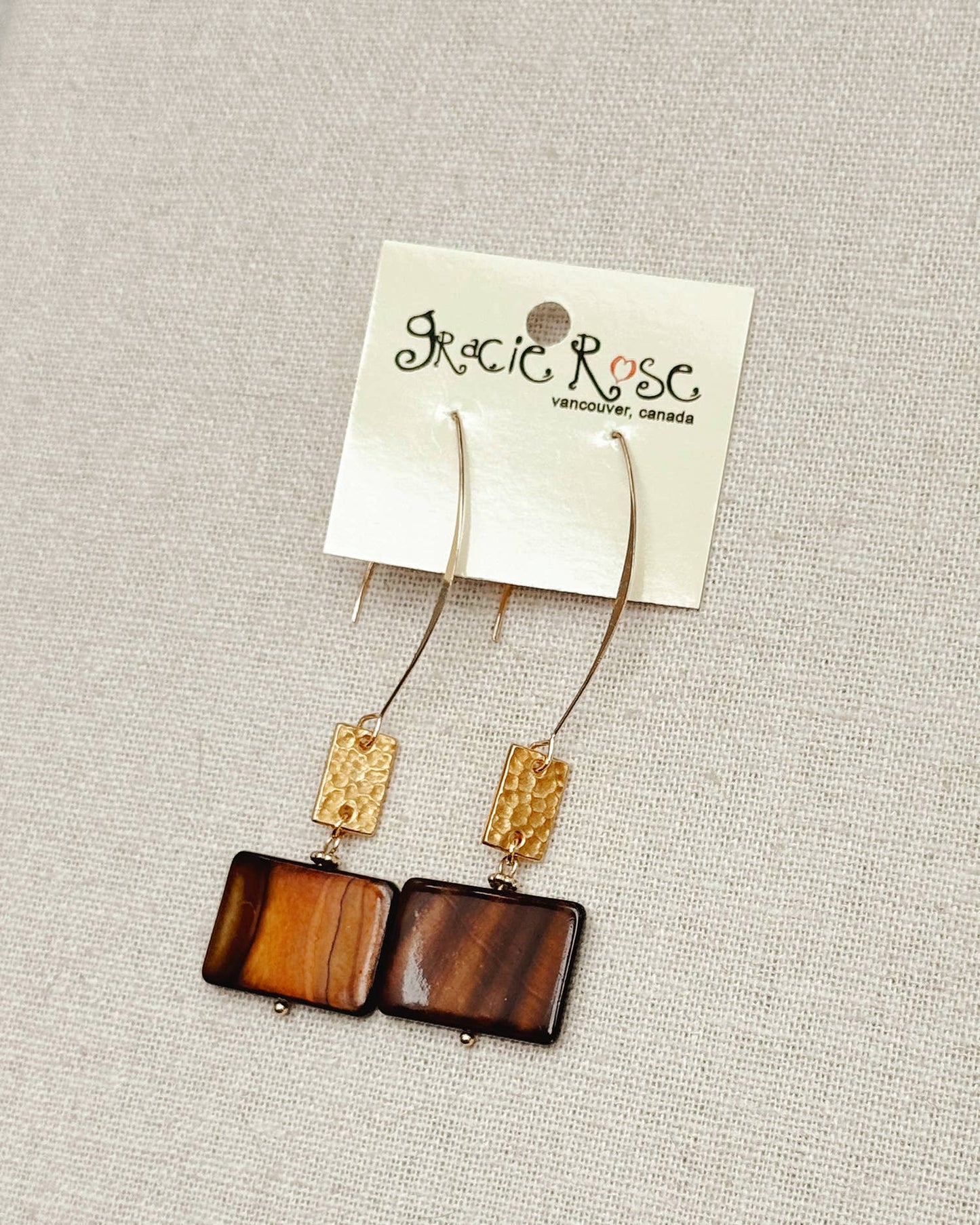Gracie Rose Designs - Brown Mother of Pearl Shell Gold Textured Drop Earrings