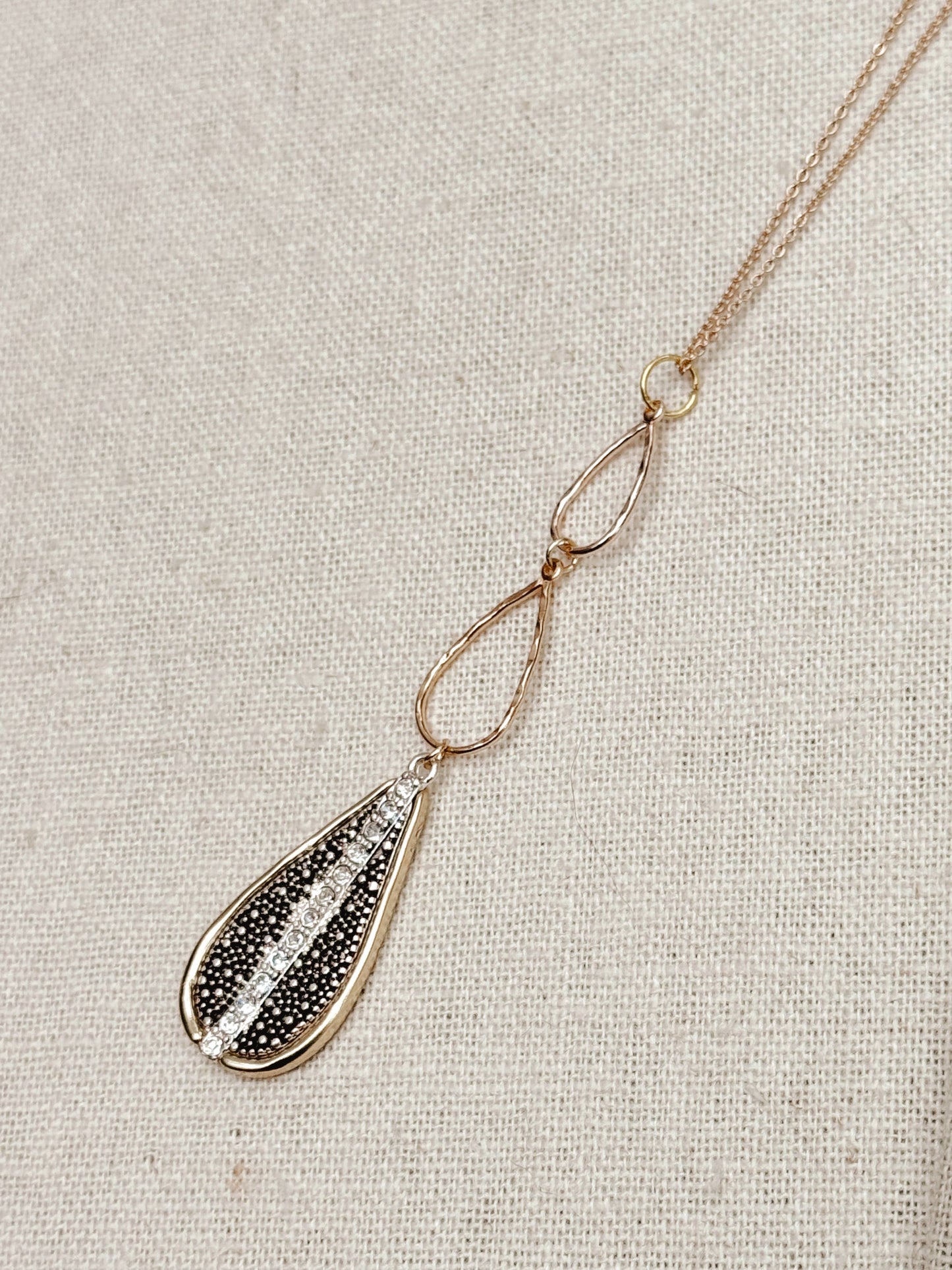 Gracie Rose Designs - Gold & Silver Rhinestone Textured Pendant Long Necklace