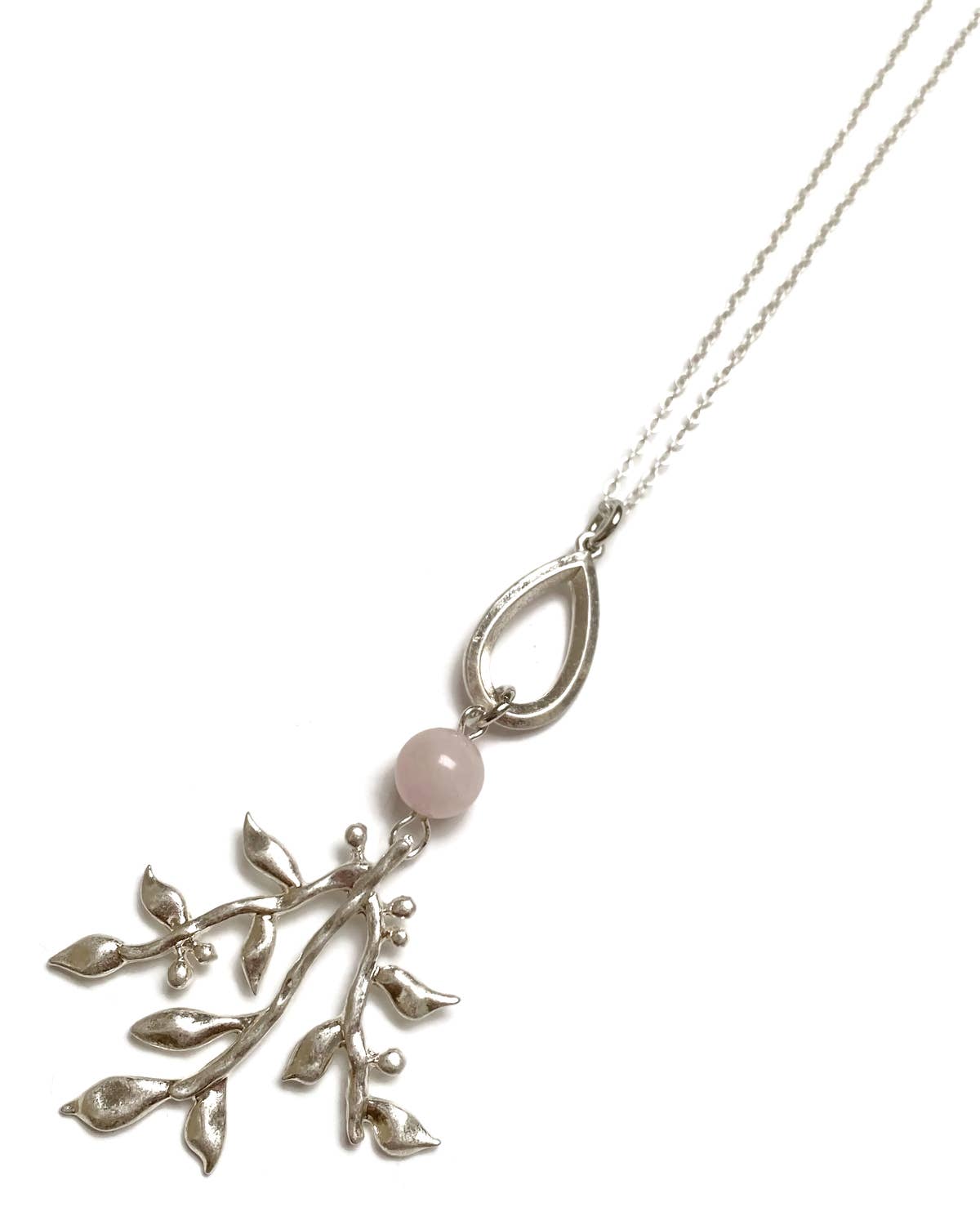 Gracie Rose Designs - Botanical Silver Pink Rose Quartz Tree Branch Necklace
