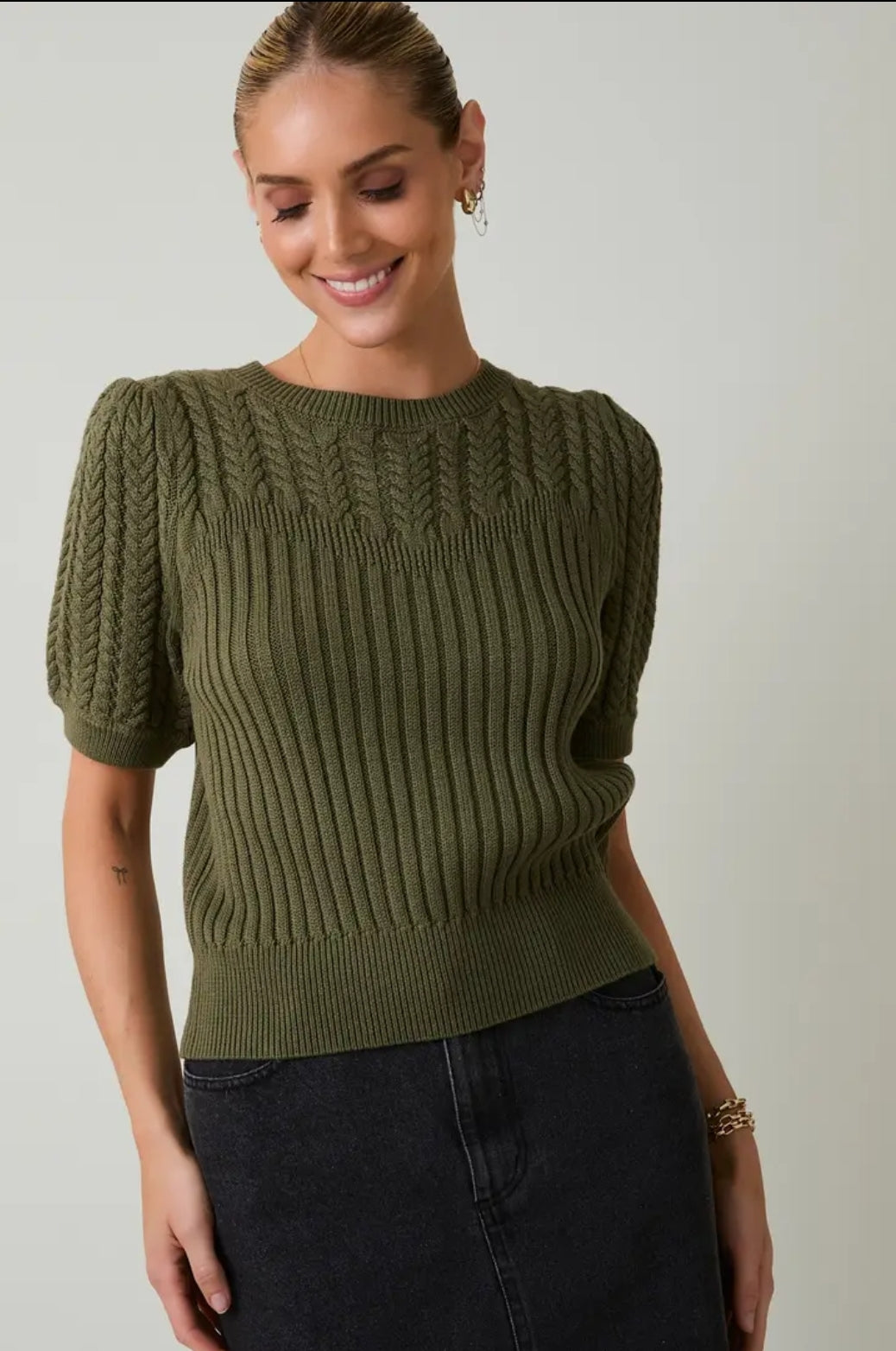 Sunday Edition Olive Cable Knit Puff Sweater