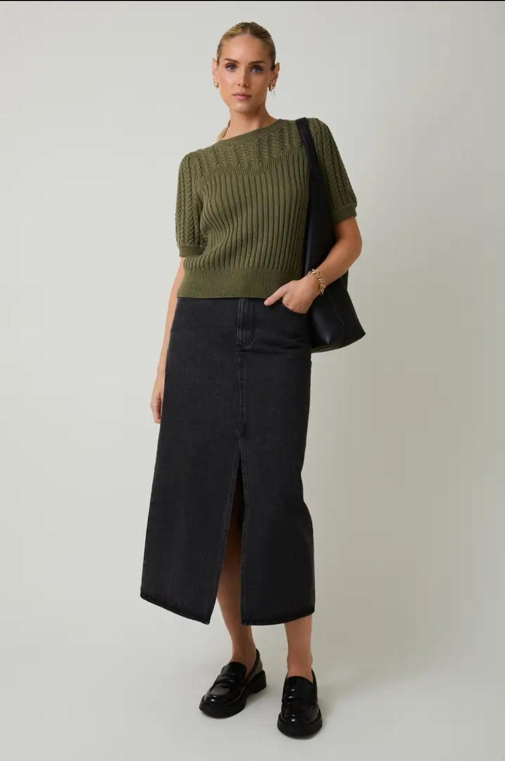 Sunday Edition Olive Cable Knit Puff Sweater