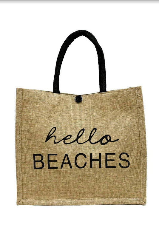 Hello Beaches Burlap Tote