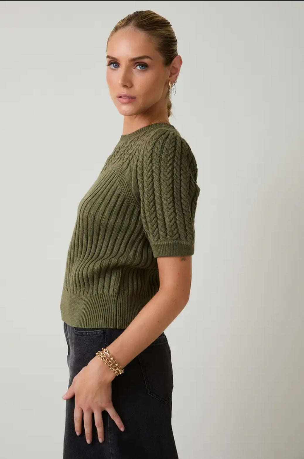 Sunday Edition Olive Cable Knit Puff Sweater