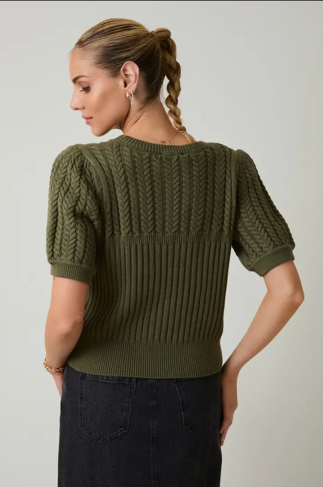 Sunday Edition Olive Cable Knit Puff Sweater