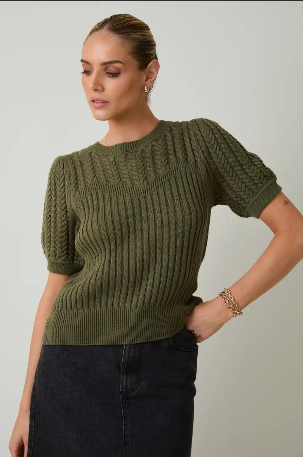 Sunday Edition Olive Cable Knit Puff Sweater