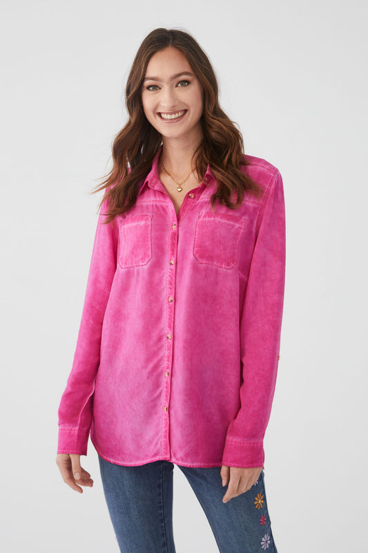 French Dressing Long Sleeve Pigment Dye Shirt Magenta