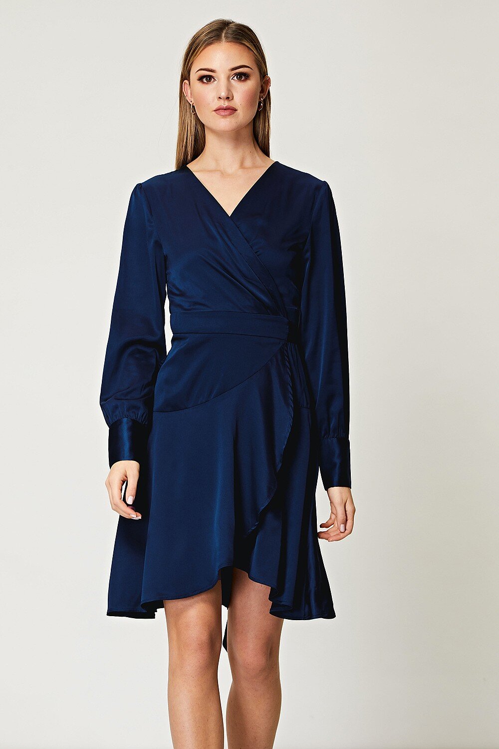 Angeleye Navy Satin Dress with Ruffle Hem - DDBooski Clothing Co