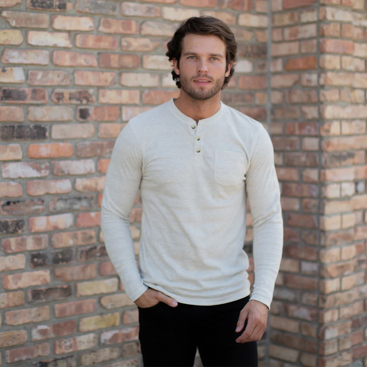 PX - Harper Long Sleeve Waffle Henley Oatmeal Size L